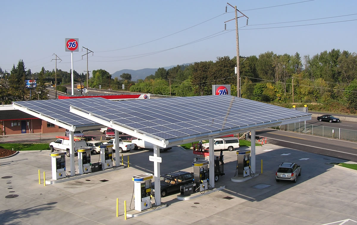Gas Station Solar PV Roof Power supply n EV Vehicles Re-charging 